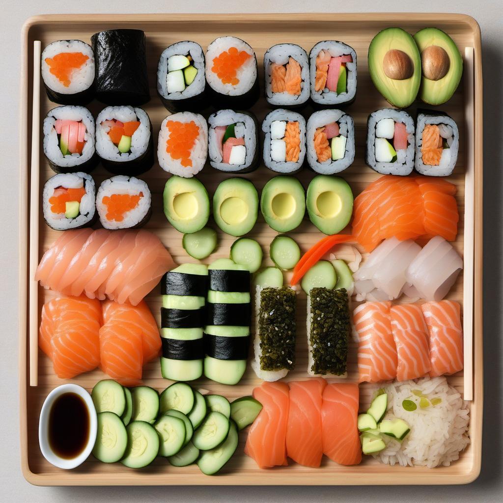 Items needed to answer the question, How do I make a gluten-free Sushi Burrito. Items include:  sushi_rice  gluten_free_nori  cucumber  avocado  carrots  pickled_ginger  crab_sticks  smoked_salmon  tamari  rice_vinegar  sesame_seeds