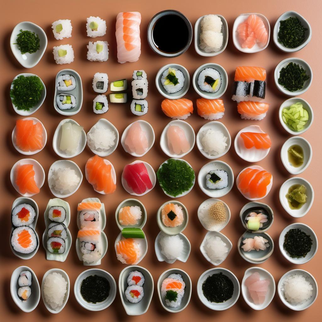 Items needed to answer the question, How do I make a Sushi Cake. Items include:  Sushi Rice  Rice Vinegar  Sugar  Salt  Assorted Sushi Fillings  Sesame Seeds  Nori (Seaweed)  Soy Sauce  Wasabi  Pickled Ginger