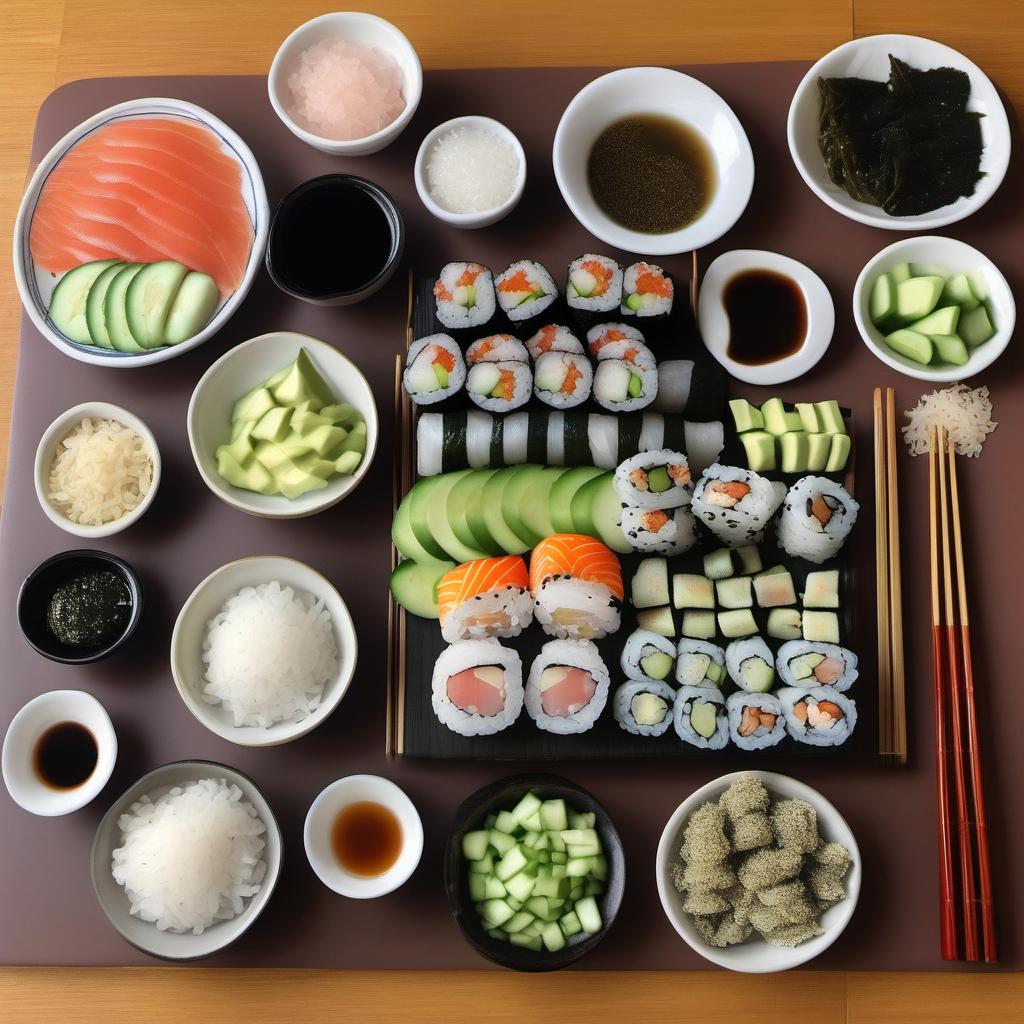 Items needed to answer the question, How do I decorate a Sushi Cake. Items include:  Sushi Rice  Rice Vinegar  Sugar  Salt  Assorted Fresh Fish  Avocado  Cucumber  Crab Sticks  Nori Sheets  Toasted Sesame Seeds  Fish Roe  Soy Sauce  Spicy Mayo