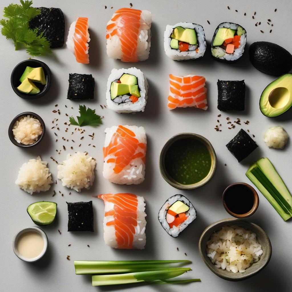 Items needed to answer the question, How do I add a twist to a classic Sushi Cake. Items include:  Sushi Rice  Cooked Crab Meat  Avocado  Cucumber  Mayonnaise  Sriracha Sauce  Sesame Seeds  Nori Sheet