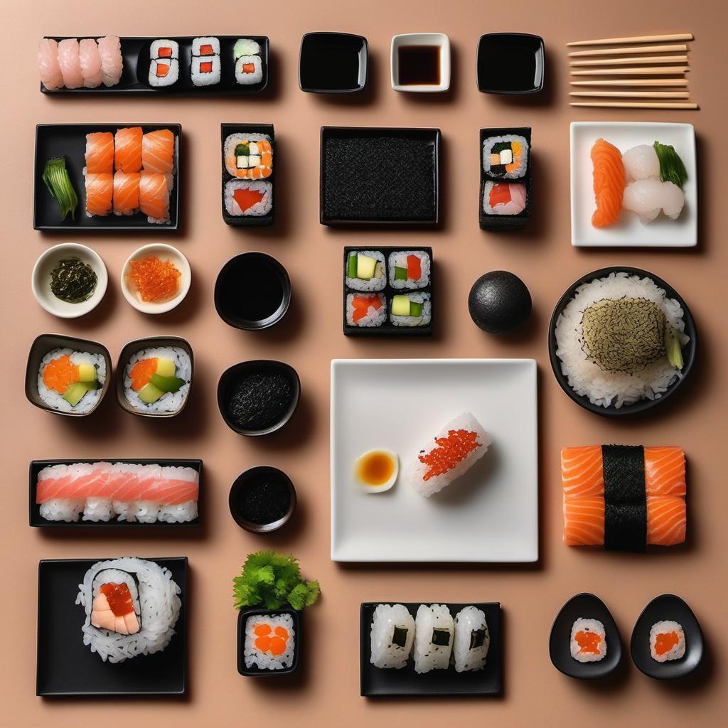 Items needed to answer the question, How do I create a Sushi Cake for beginners. Items include:  Sushi Rice  Nori Sheets  Favorite Fillings  Sesame Seeds  Sushi Mat