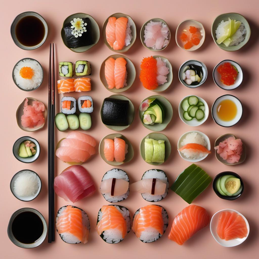 Items needed to answer the question, How do I make a mini Sushi Cake. Items include:  sushi rice  rice vinegar  sugar  salt  sushi fillings (avocado, cucumber, shrimp, etc.)  slices of fresh salmon and tuna  edible flowers or decorative sushi picks