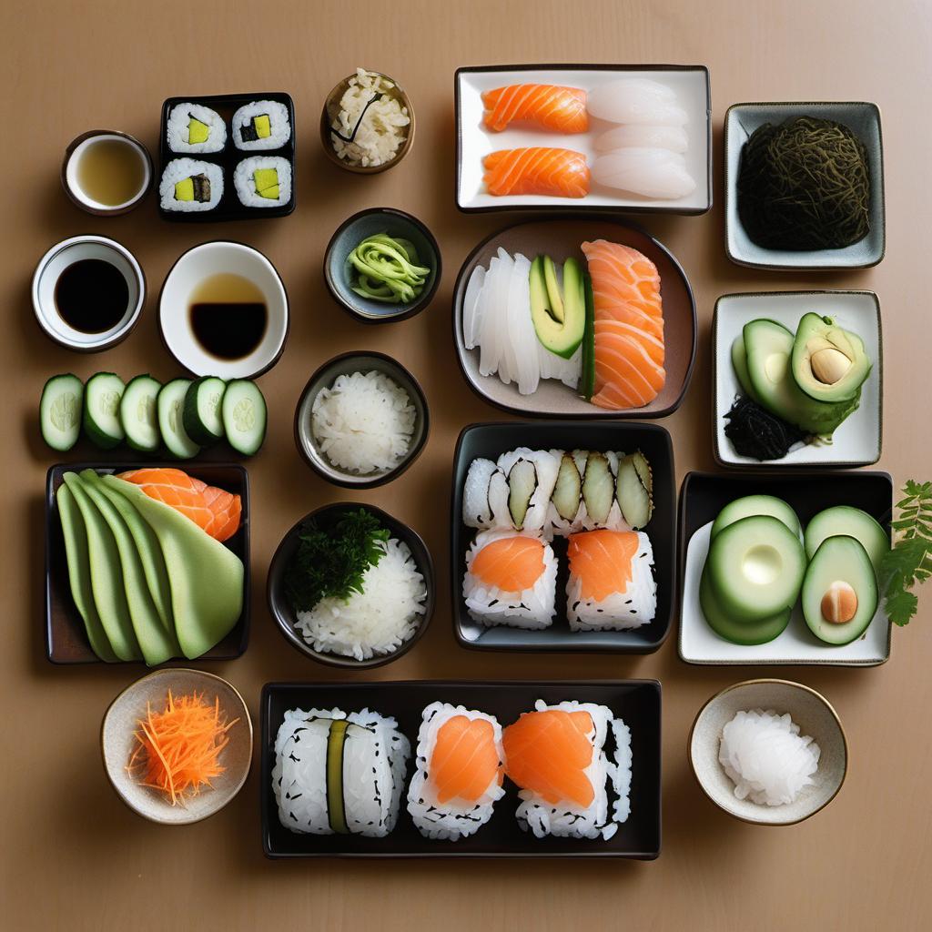 Items needed to answer the question, How do I throw a Temaki Hand Roll party. Items include:  sushi-grade fish  avocado  cucumber  carrots  sushi rice  nori sheets  rice vinegar  sugar  salt  chopsticks  soy sauce  wasabi  pickled ginger