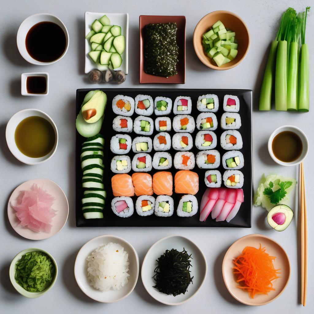 Items needed to answer the question, How do I make vegetarian Temaki Hand Rolls. Items include:  Sushi Rice  Nori Sheets  Cucumber  Carrot  Radish  Bell Pepper  Tofu  Avocado  Soy Sauce  Wasabi