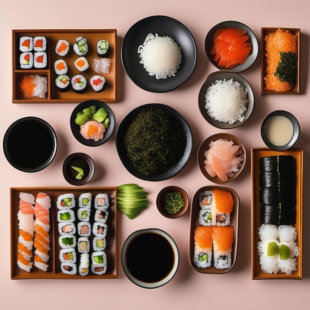 Items needed to answer the question, How do I create fusion Temaki Hand Rolls. Items include:  Nori Sheets  Sushi Rice  Assorted Fillings  Sauces