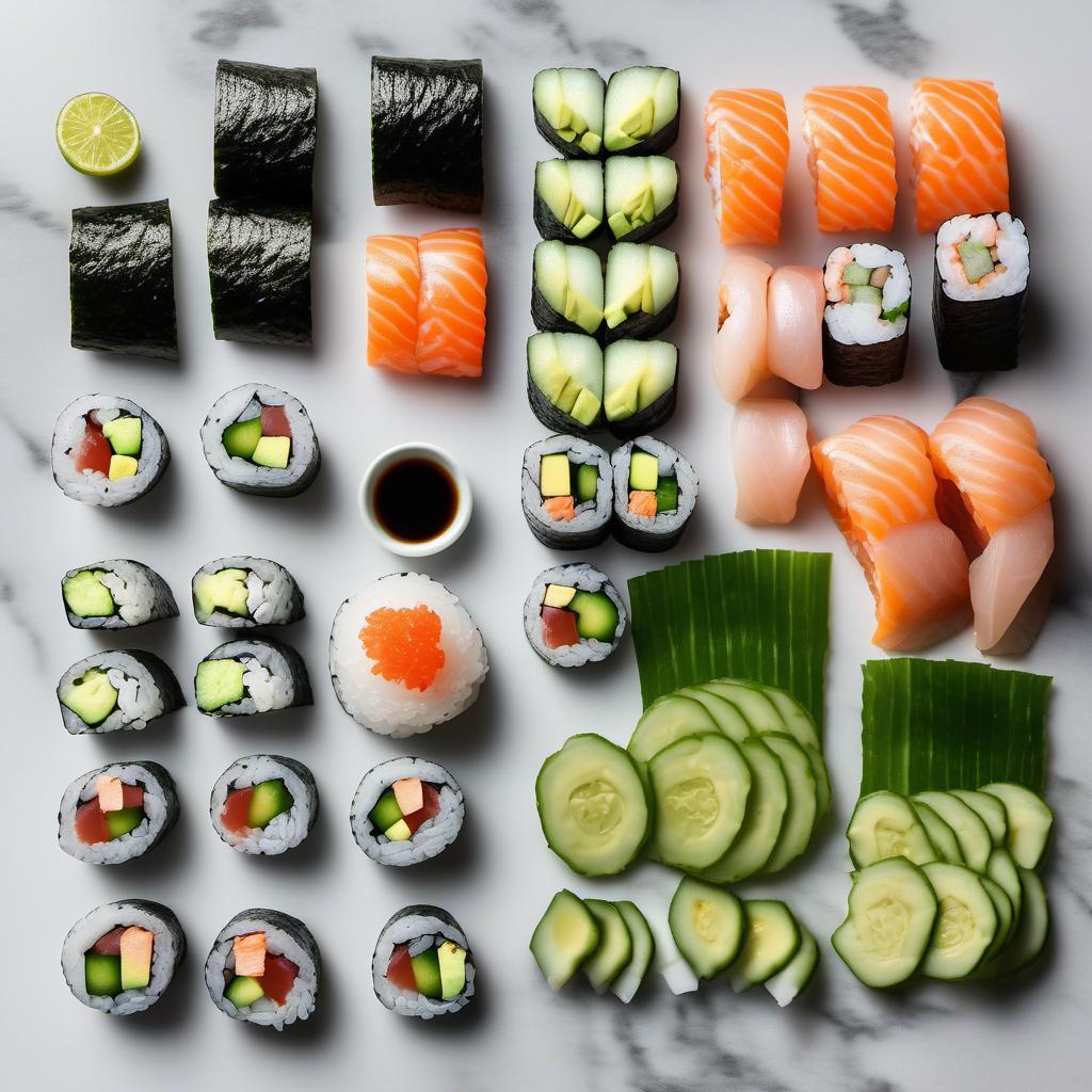 Items needed to answer the question, How do I dip and devour Temaki Hand Rolls. Items include:  Sushi-grade fish  Nori seaweed sheets  Sushi rice  Cucumber  Avocado  Wasabi  Soy sauce