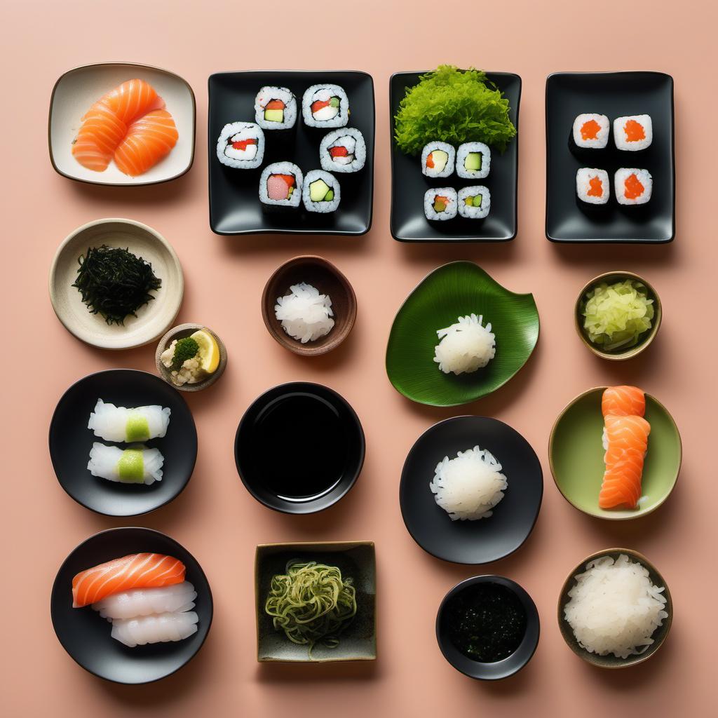 Items needed to answer the question, How do I make Sushi Pizza rolls. Items include:  sushi rice  water  rice vinegar  nori (seaweed)  sushi fillings  soy sauce  wasabi  pickled ginger