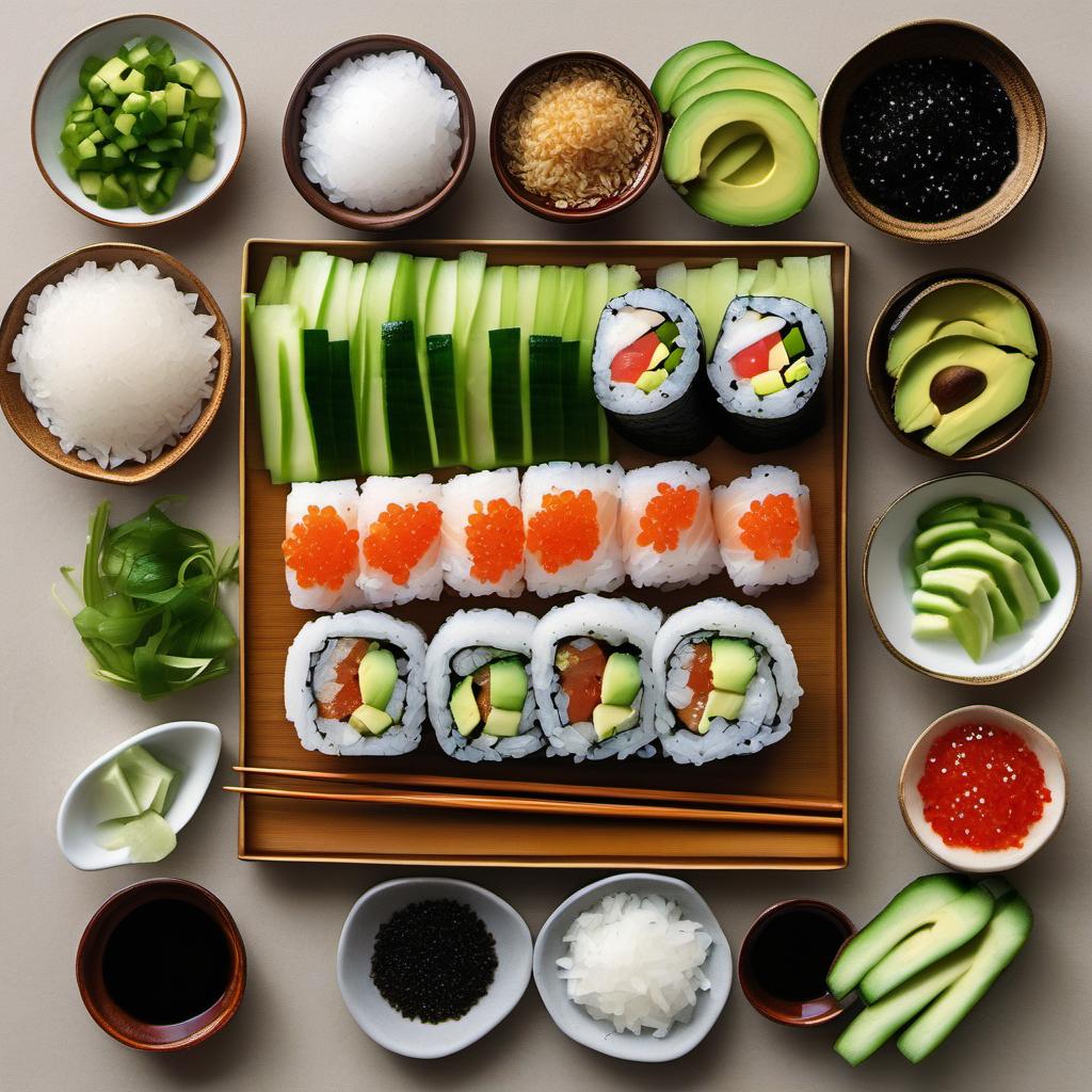 Items needed to answer the question, How do I bake a Sushi Pizza casserole. Items include:  sushi rice  rice vinegar  sugar  salt  raw fish slices  avocado  cucumber  tobiko  green onions  sesame seeds  soy sauce  spicy mayo