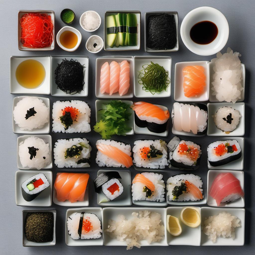 Items needed to answer the question, How do I assemble a Sushi Pizza sushi burrito. Items include:  Sushi Rice  Sushi-Grade Fish  Soy Sauce  Rice Vinegar  Honey  Red Pepper Flakes  Nori (Seaweed)  Optional Toppings  Sesame Seeds
