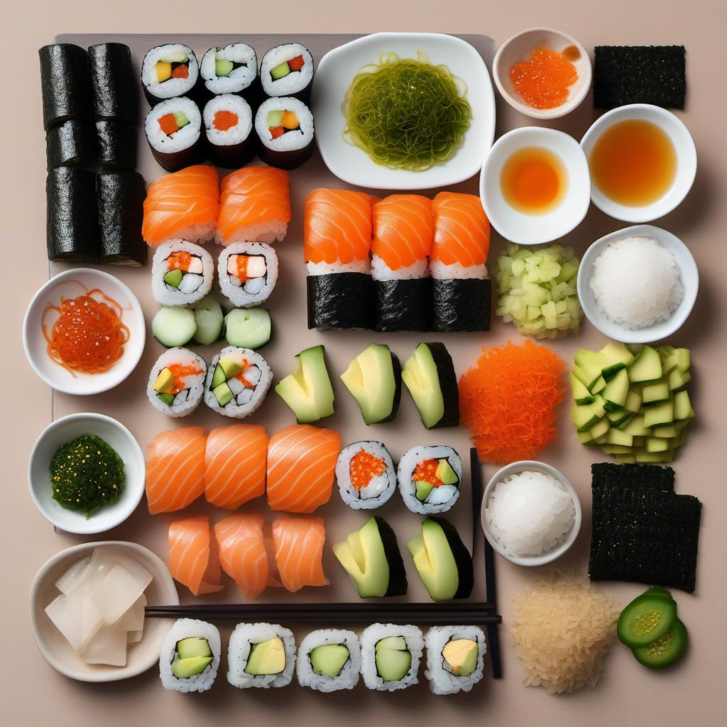 Items needed to answer the question, How do I assemble a Rainbow Sushi Roll like a pro. Items include:  Sushi Rice  Rice Vinegar  Sugar  Salt  Nori Sheets  Sushi Fillings  Sesame Seeds  Tobiko