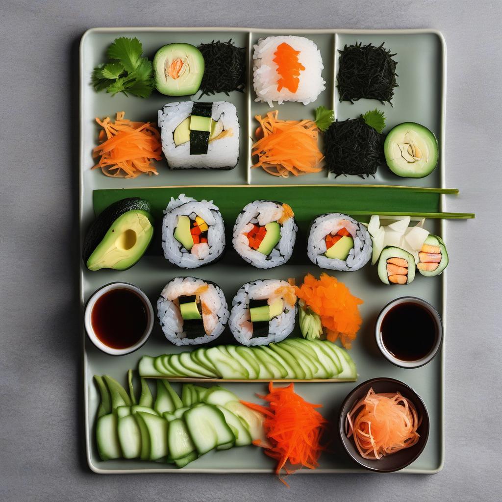 Items needed to answer the question, How do I incorporate unique fillings in a Rainbow Sushi Roll. Items include:  Sushi Rice  Nori Sheets  Avocado  Cucumber  Carrots  Bell Peppers