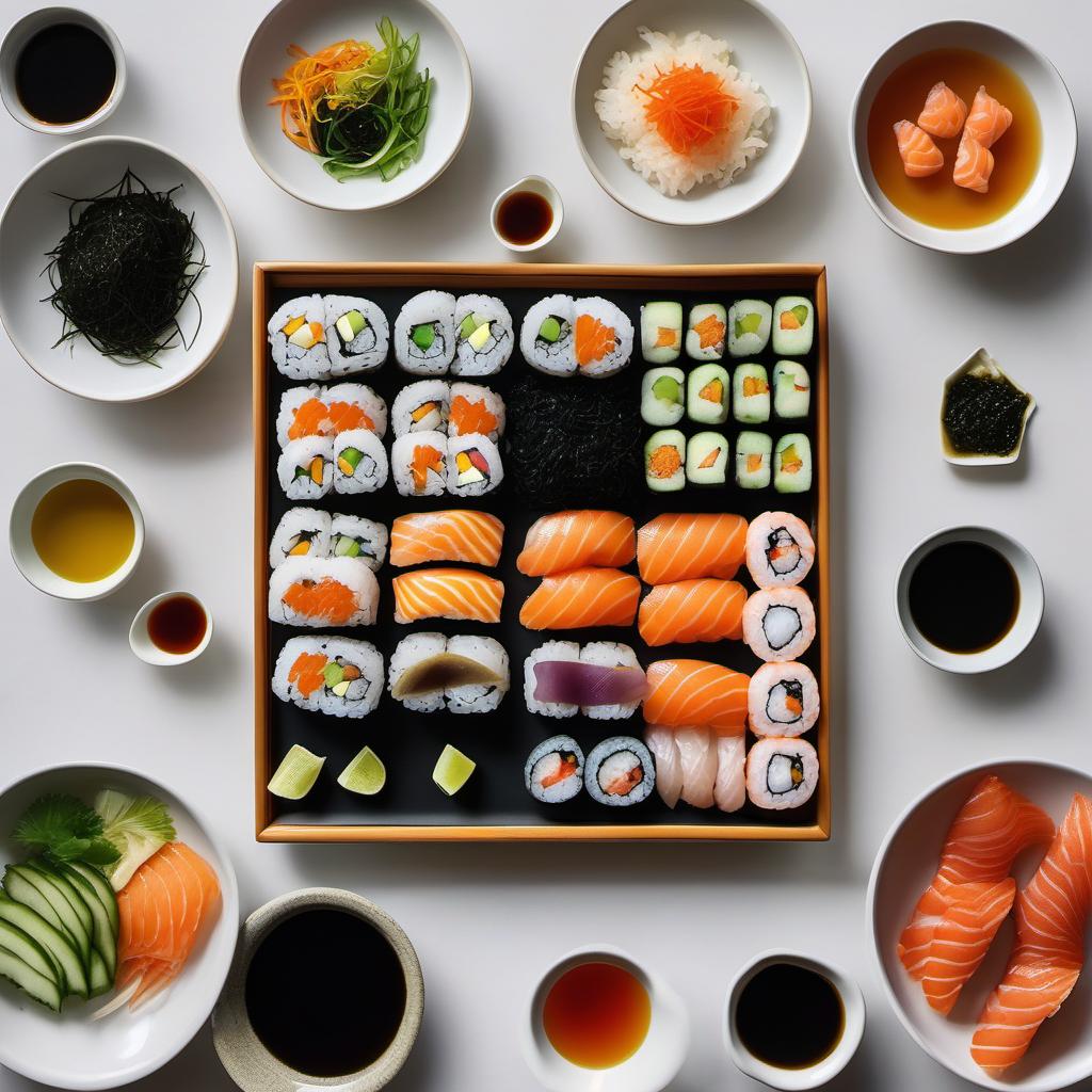 Items needed to answer the question, How do I serve and present a Rainbow Sushi Roll in style. Items include:  Sushi Rice  Nori Seaweed Sheets  Assorted Colorful Vegetables  Sushi-Grade Fish  Dipping Sauce