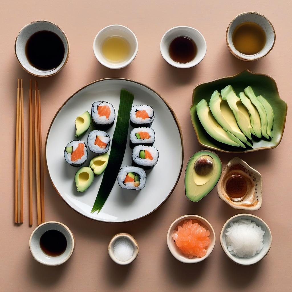 Items needed to answer the question, How do I assemble a Sushi Tower. Items include:  Sushi rice  Rice vinegar  Sugar  Salt  Fresh fish  Avocado  Cucumber