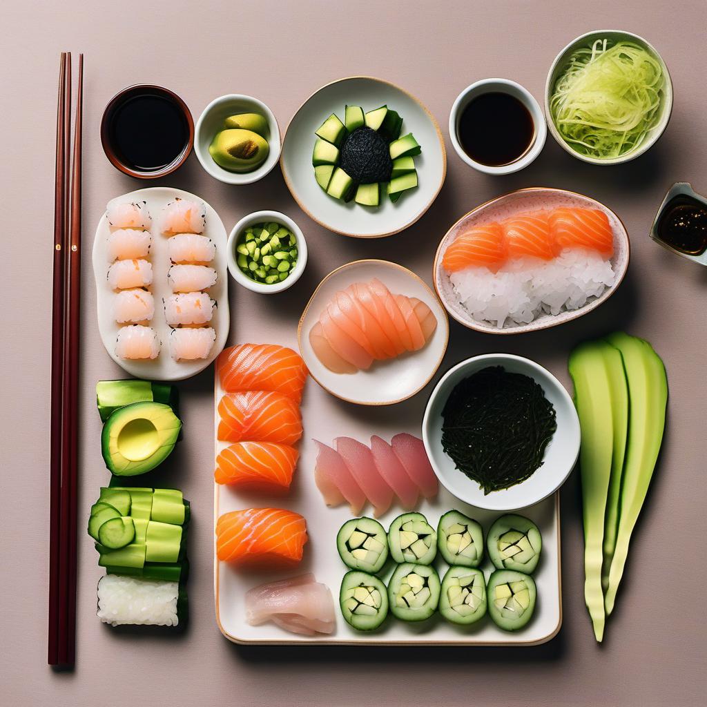 Items needed to answer the question, How do I serve a Sushi Tower at a party. Items include:  sushi rice  nori sheets  sashimi  avocado  cucumber  soy sauce  wasabi  pickled ginger