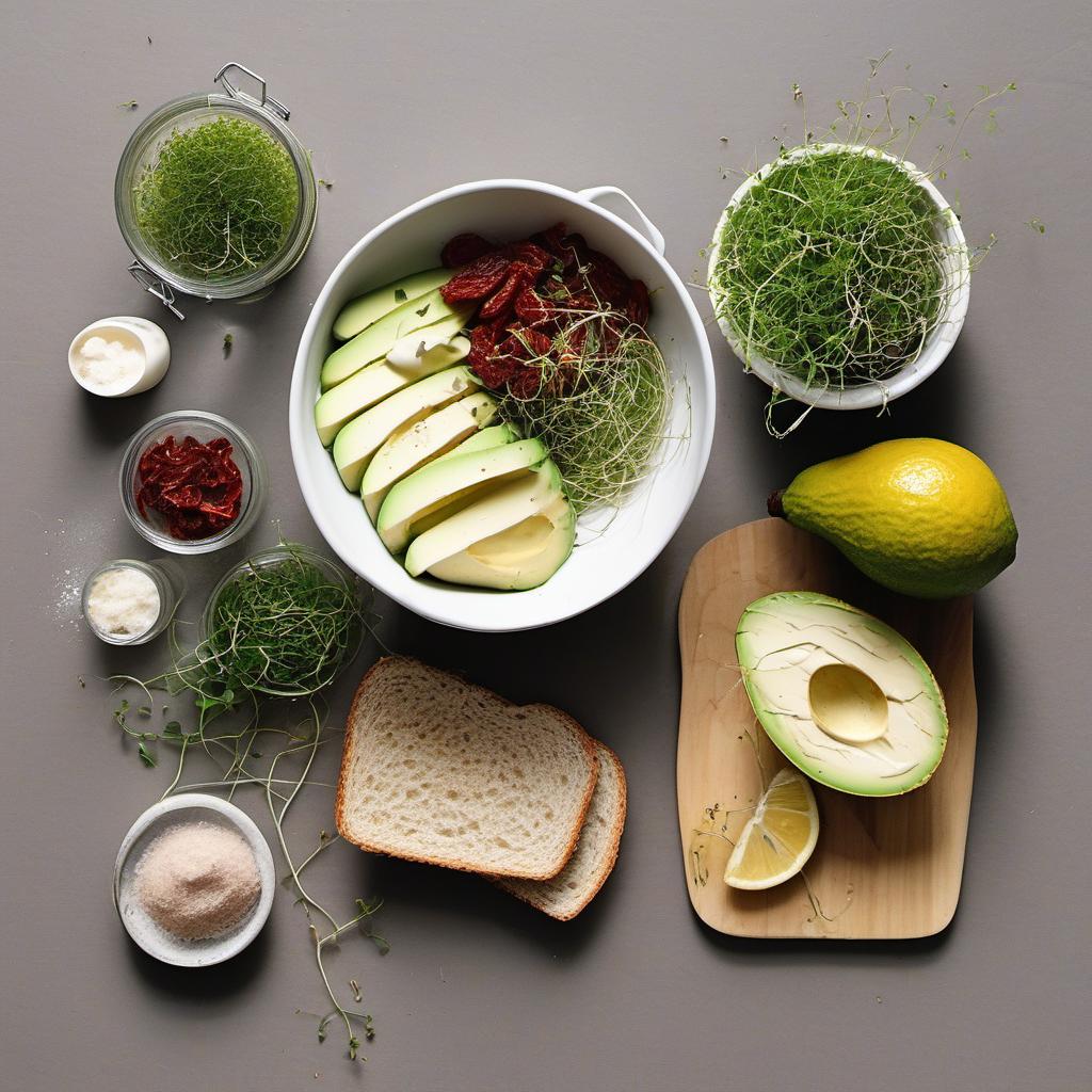Items needed to answer the question, How do I upgrade my Avocado Toast game. Items include:  Mayo  Garlic clove  Lemon juice  Salt  Bread  Avocado  Sun-dried tomatoes  Microgreens
