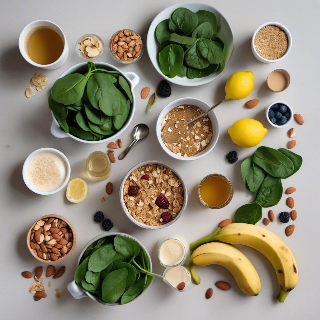 Items needed to answer the question, How do I whip up a refreshing green smoothie bowl. Items include:  fresh spinach  frozen banana  almond milk  almond butter  honey  lemon juice  granola  fresh berries
