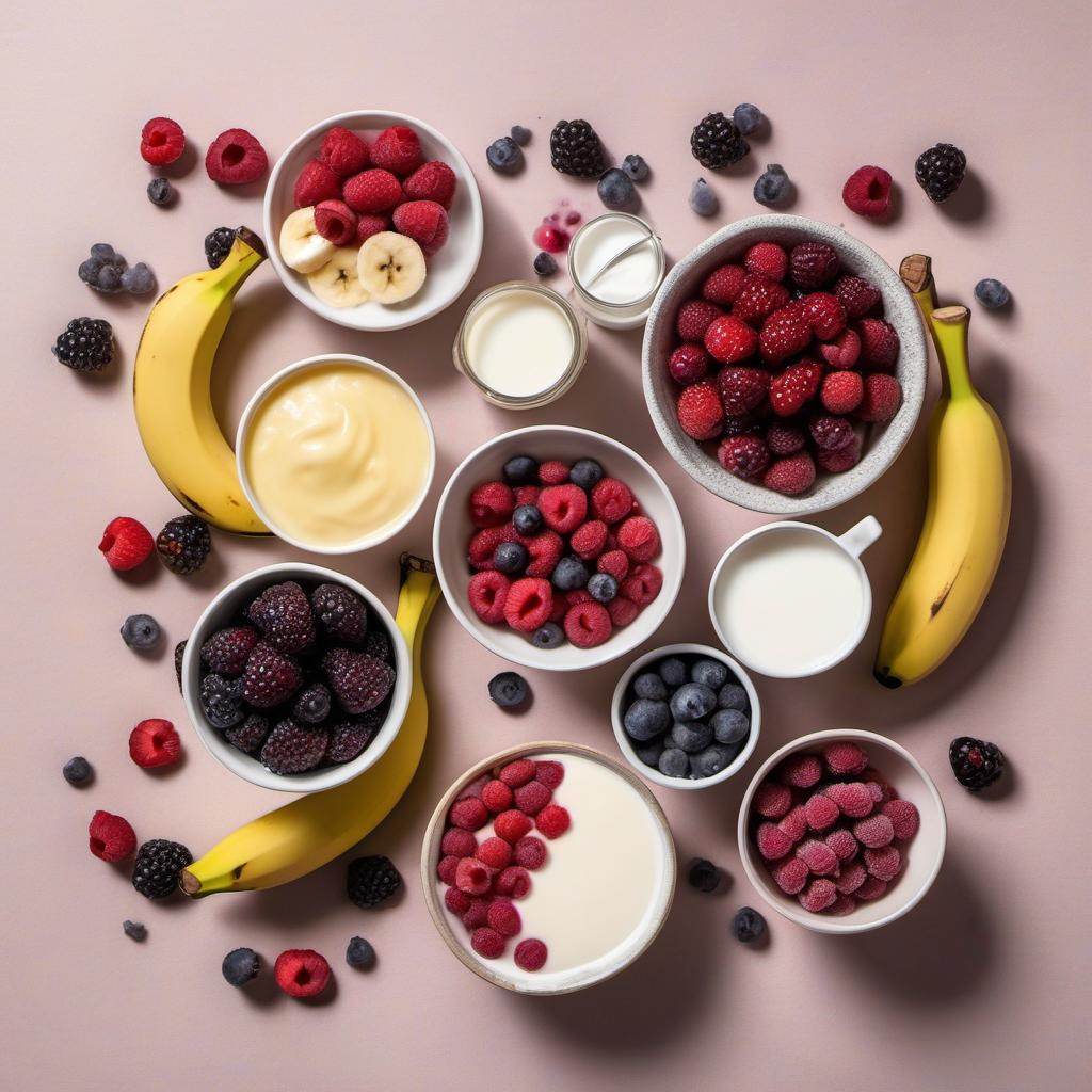 Items needed to answer the question, How do I make a berrylicious smoothie bowl. Items include:  frozen mixed berries  ripe banana  yogurt  milk  honey