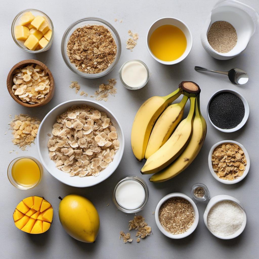 Items needed to answer the question, How do I create a creamy coconut smoothie bowl. Items include:  Frozen banana  Frozen mango chunks  Coconut milk  Honey  Shredded coconut  Sliced banana  Chia seeds  Granola