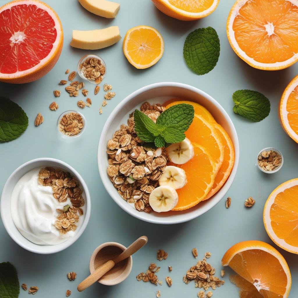 Items needed to answer the question, How do I make a refreshing citrus smoothie bowl. Items include:  Oranges  Grapefruit  Banana  Greek Yogurt  Honey  Granola  Mint Leaves