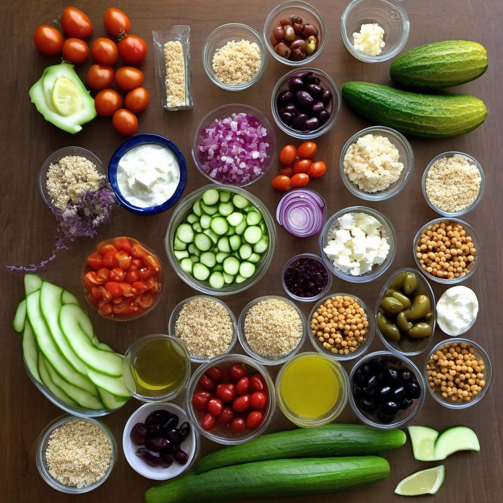 Items needed to answer the question, How do I cook a Mediterranean-inspired Buddha Bowl. Items include:  chickpeas  cucumber  cherry tomatoes  red onion  kalamata olives  feta cheese  cooked quinoa  fresh lemon juice  olive oil  dried oregano  salt  pepper