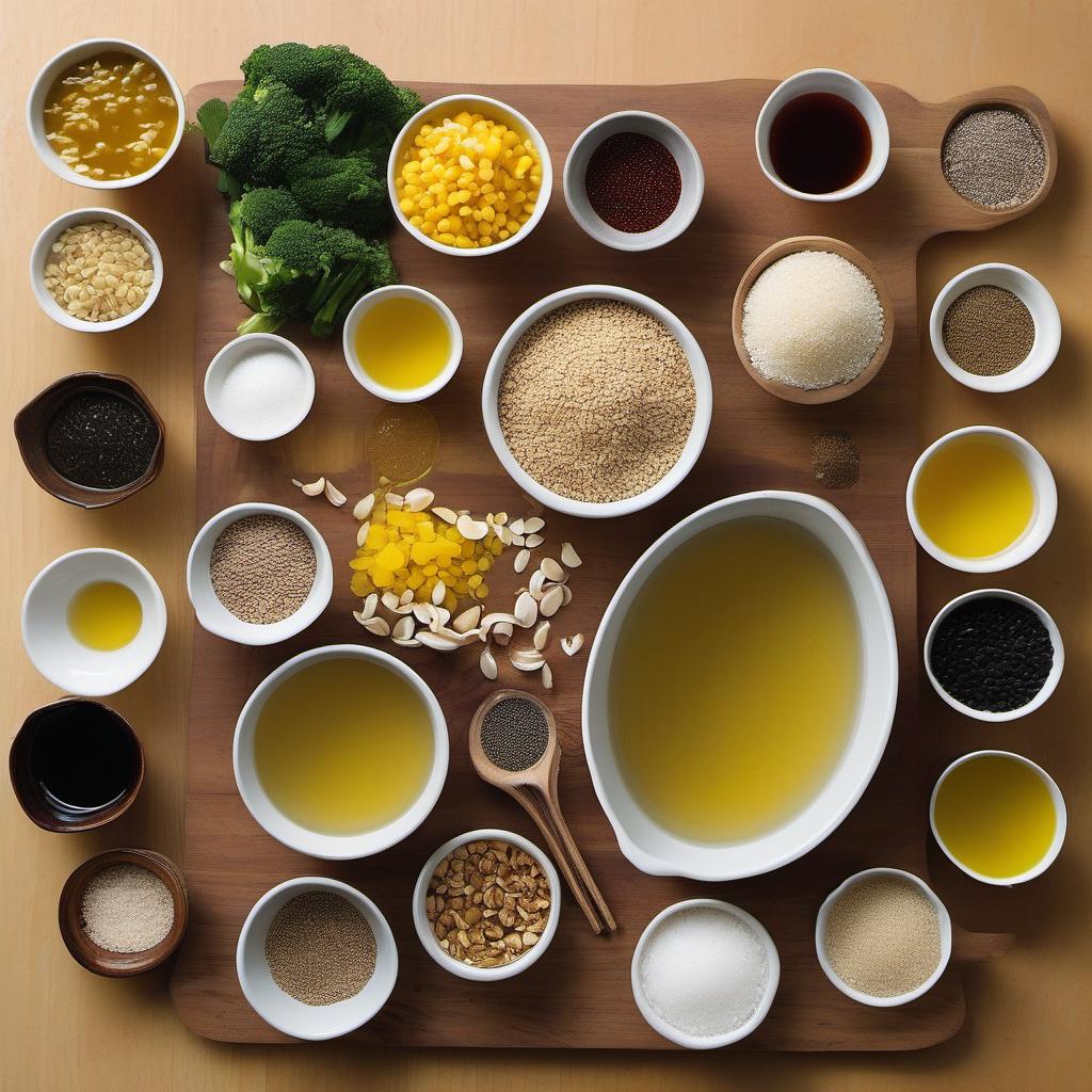 Items needed to answer the question, How do I assemble a gluten-free Buddha Bowl. Items include:  Grains  Water or Broth  Vegetables  Olive Oil  Salt  Protein  Lemon Juice  Dijon Mustard  Honey (or Maple Syrup for vegans)  Minced Garlic  Toppings  Sesame Seeds or Nuts