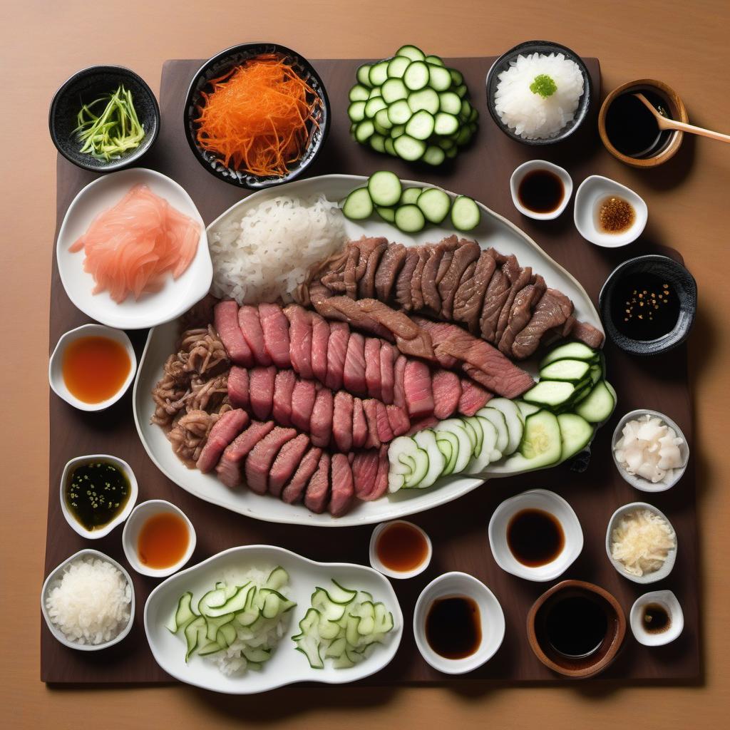 Items needed to answer the question, How do I prepare a Korean-inspired Poke Bowl. Items include:  Beef  Soy sauce  Brown sugar  Sesame oil  Garlic  Ginger  Black pepper  Sushi rice  Kimchi  Cucumbers  Shredded carrots  Green onions