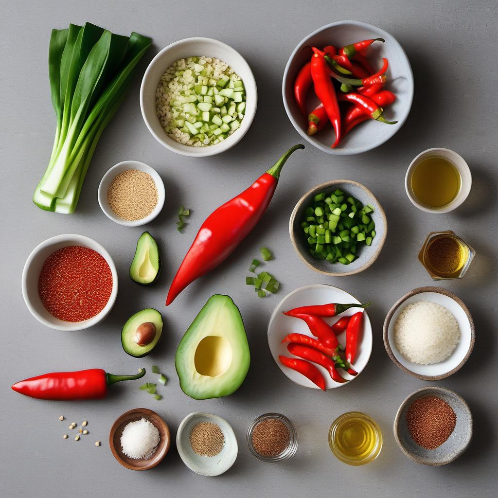 Items needed to answer the question, How do I make a Gluten-free Poke Bowl with Quinoa. Items include:  red chili pepper  protein of choice  quinoa  gluten-free soy sauce  rice vinegar  sesame oil  honey  avocado  cucumber  carrot  green onions