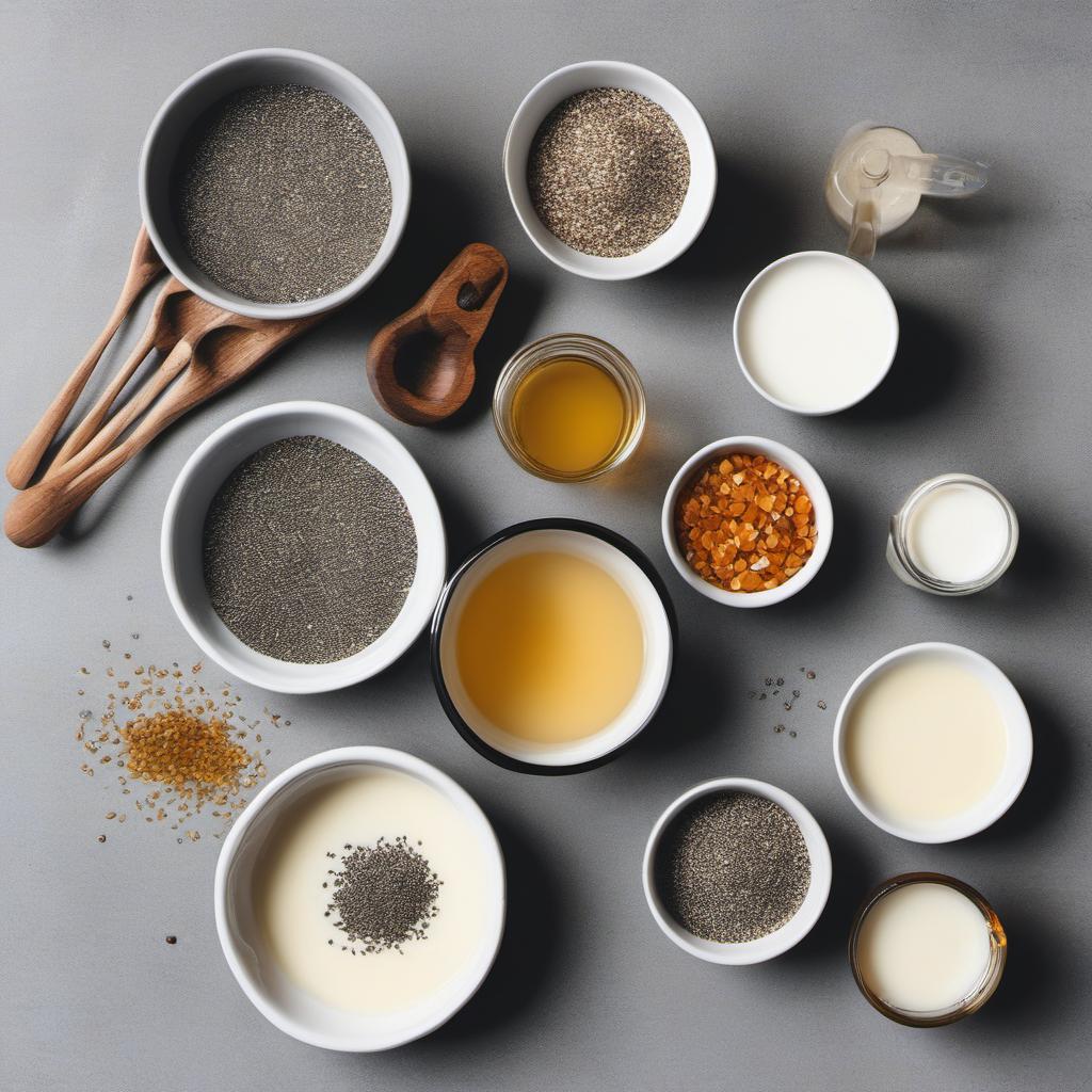Items needed to answer the question, How do I make a creamy vanilla Chia Seed Pudding. Items include:  chia seeds  plant-based milk  maple syrup  vanilla extract