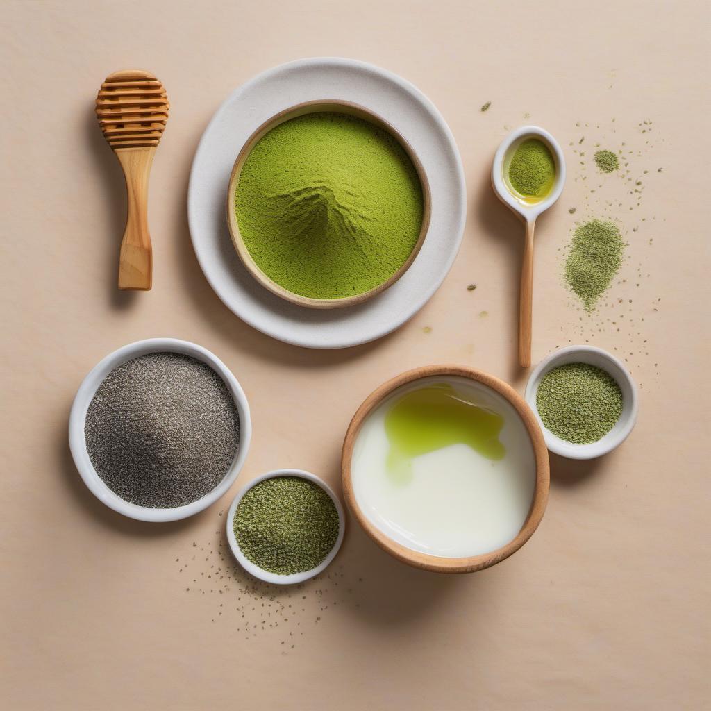 Items needed to answer the question, How do I make an energizing matcha Chia Seed Pudding. Items include:  matcha powder  chia seeds  milk  sweetener (honey or maple syrup)  salt