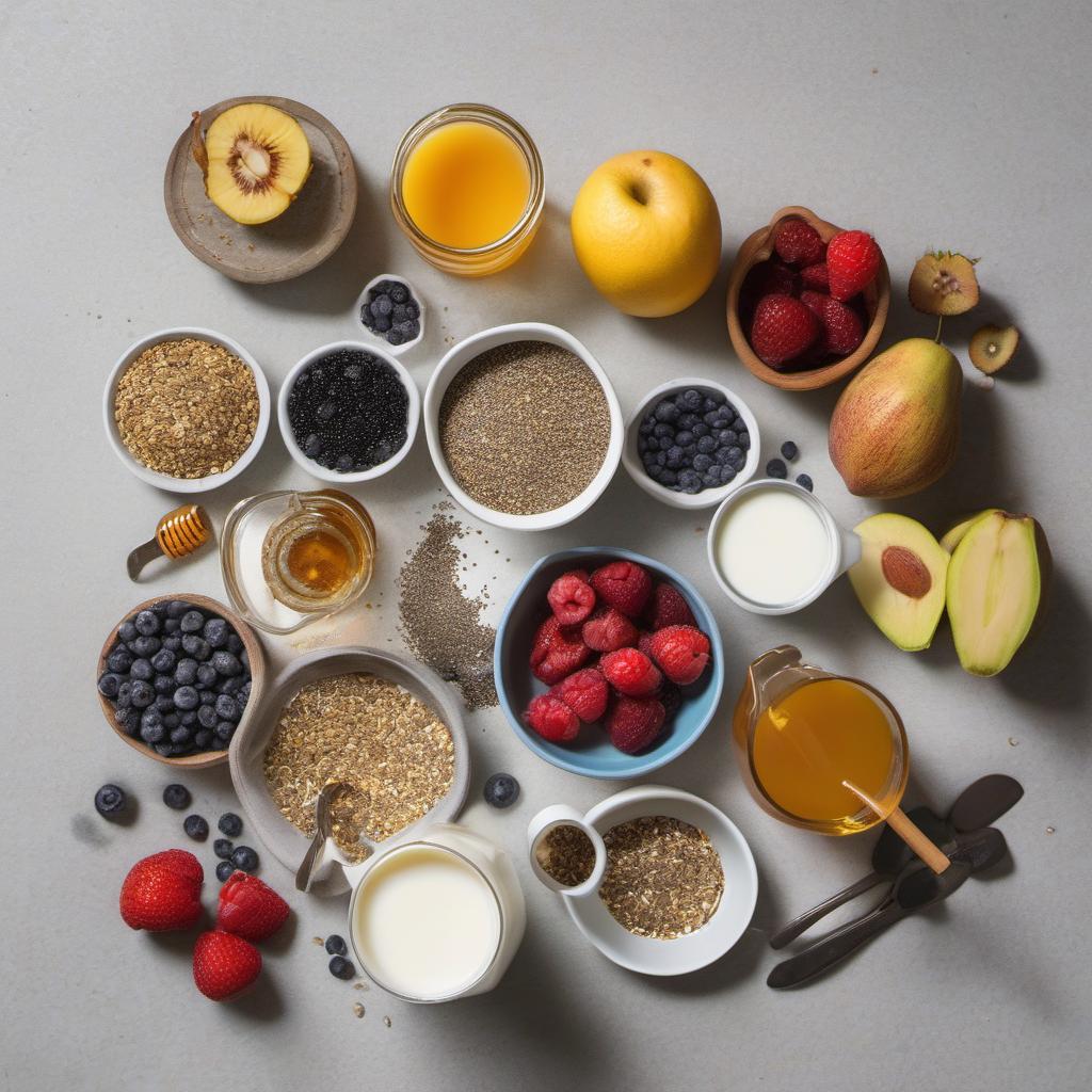 Items needed to answer the question, How do I whip up a fruity Chia Seed Pudding delight. Items include:  Chia Seeds  Milk  Fresh Fruits  Honey or Maple Syrup  Granola