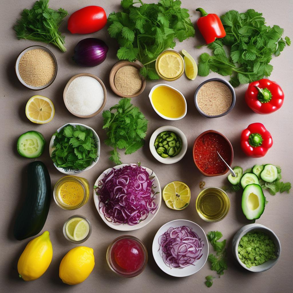 Items needed to answer the question, How do I make a refreshing quinoa salad. Items include:  quinoa  cucumber  bell pepper  red onion  parsley  mint leaves  lemons  olive oil  Dijon mustard  salt  pepper