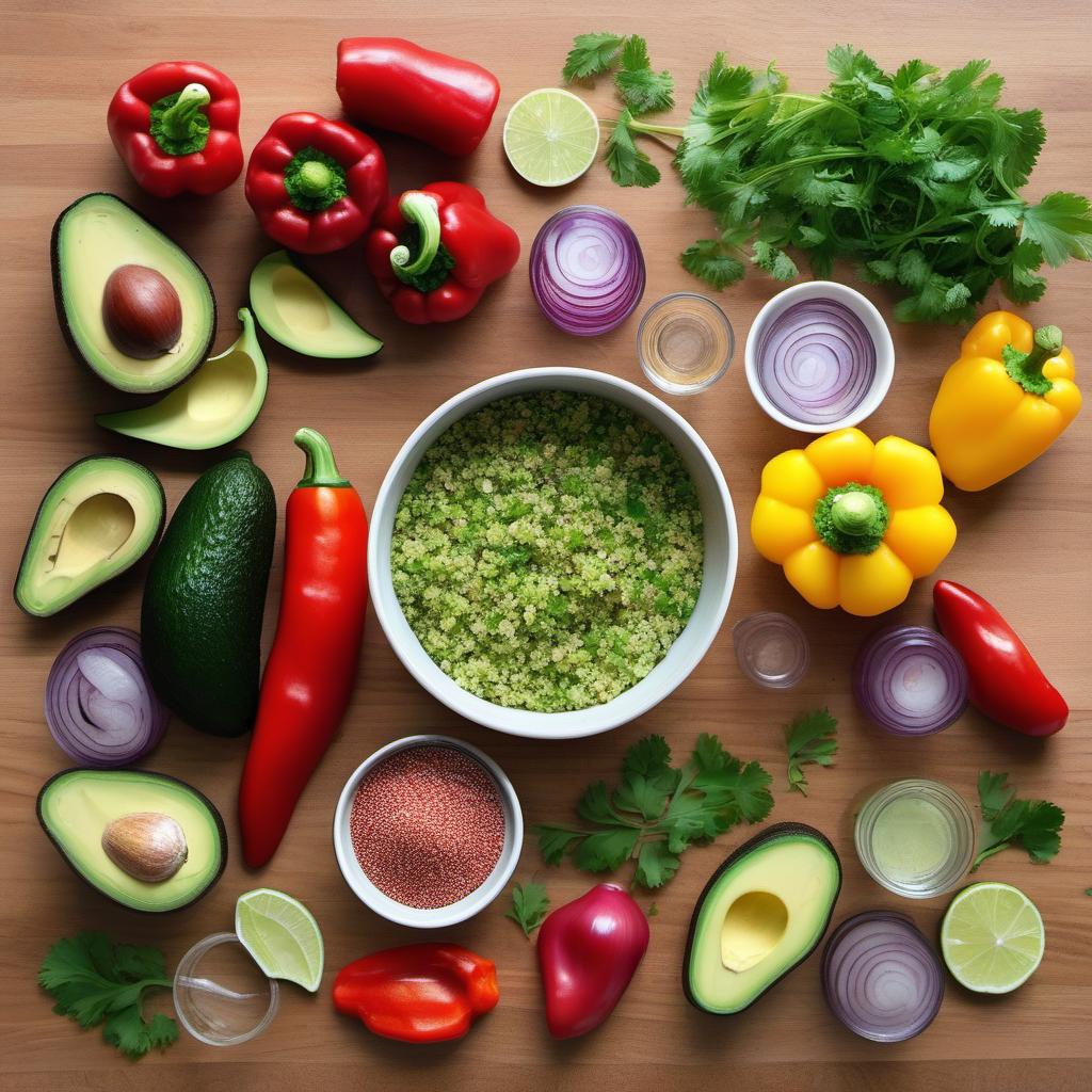 Items needed to answer the question, How do I whip up a colorful rainbow quinoa salad. Items include:  Quinoa  Water  Red bell pepper  Yellow bell pepper  Cucumber  Avocado  Red onion  Fresh parsley