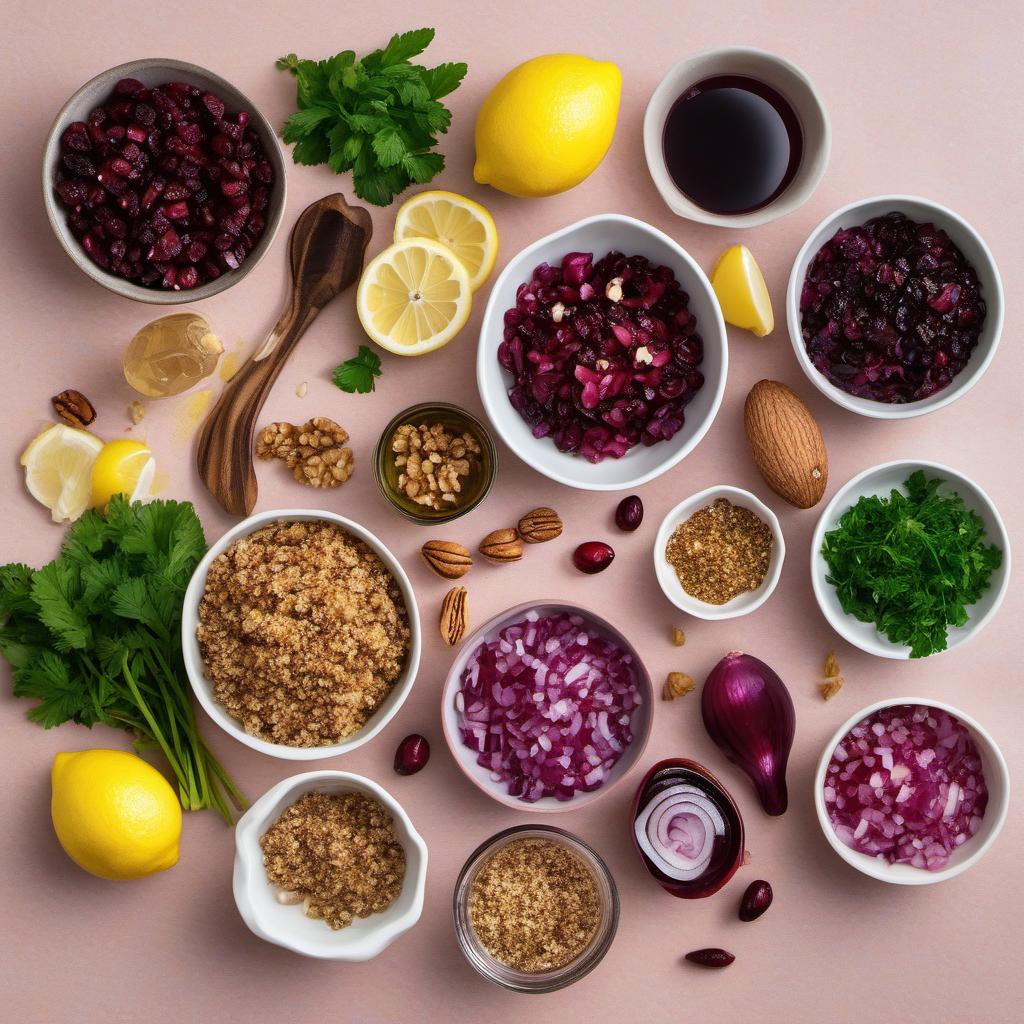 Items needed to answer the question, How do I create a tangy cranberry quinoa salad. Items include:  Chopped walnuts  Red onion  Olive oil  Balsamic vinegar  Honey  Lemon  Parsley or mint leaves  Quinoa  Dried cranberries