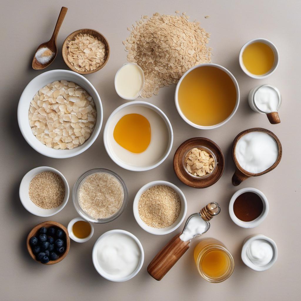 Items needed to answer the question, How do I make creamy coconut overnight oats. Items include:  old-fashioned oats  coconut milk  Greek yogurt  honey  salt