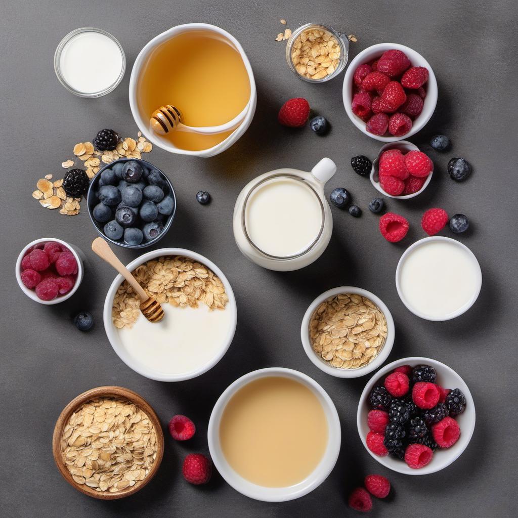 Items needed to answer the question, How do I whip up a fruity explosion with mixed berry overnight oats. Items include:  oats  mixed berries  milk  Greek yogurt  honey