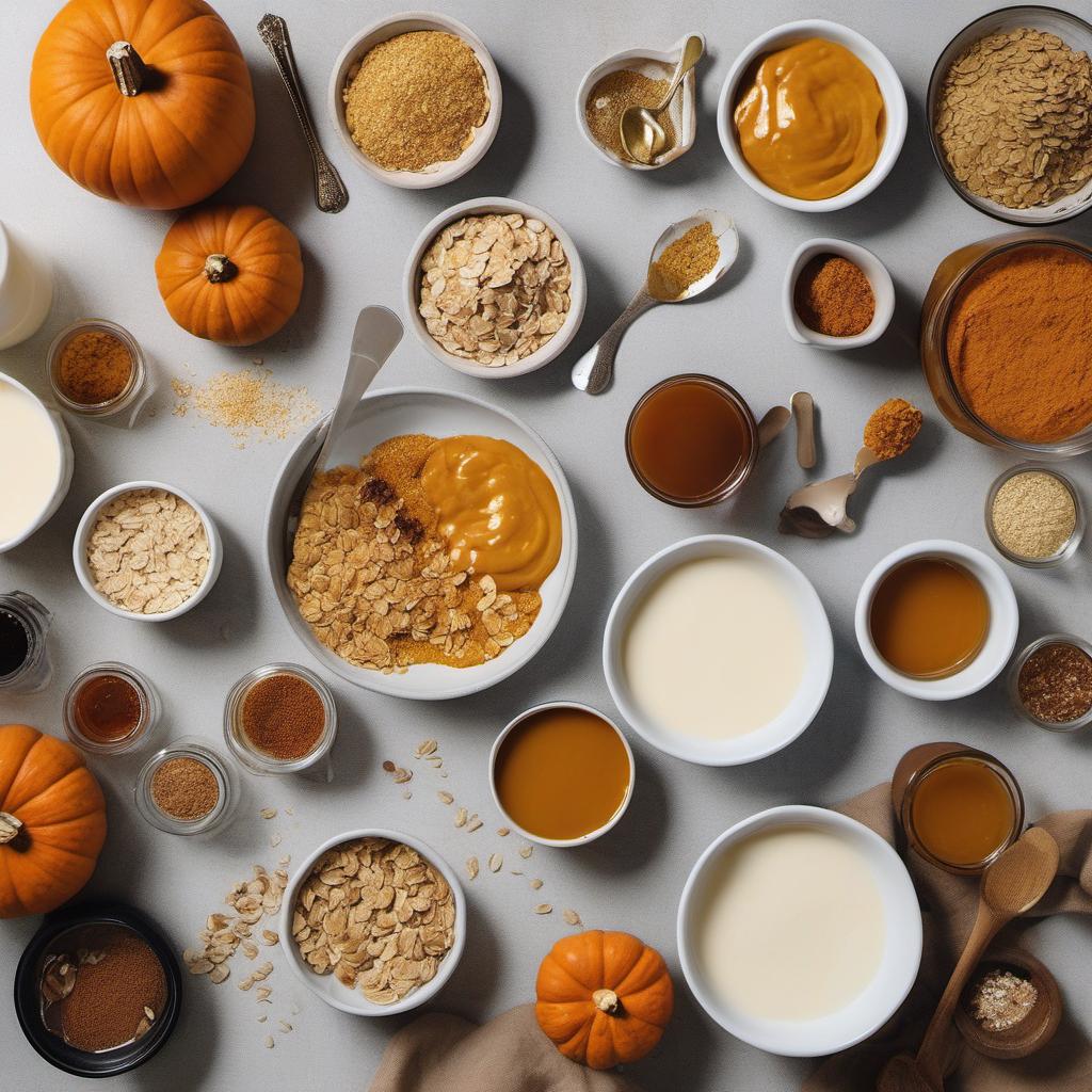 Items needed to answer the question, How do I make pumpkin spice overnight oats that scream fall. Items include:  Rolled oats  Milk (dairy or plant-based)  Pumpkin puree  Maple syrup  Pumpkin pie spice  Vanilla extract  Salt  Optional toppings