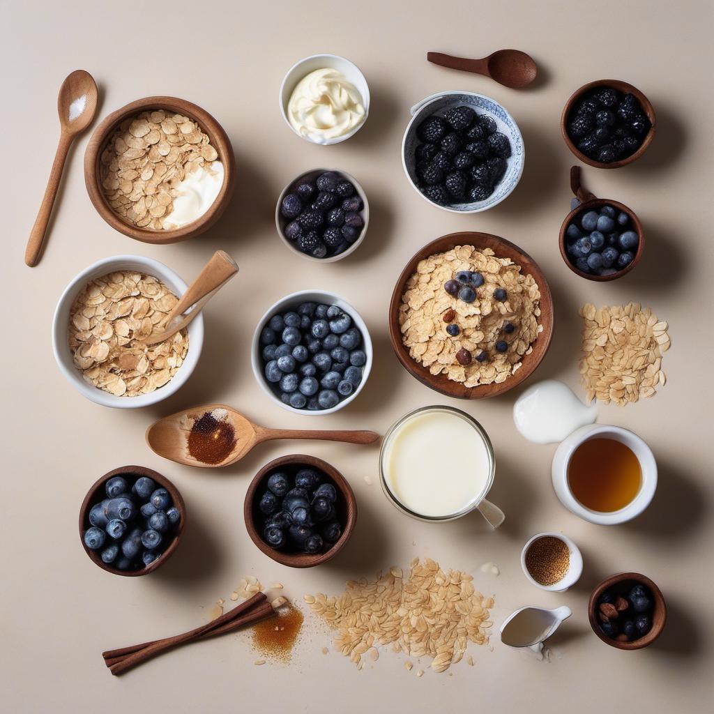 Items needed to answer the question, How do I make a dreamy blueberry muffin overnight oats creation. Items include:  Rolled oats  Milk  Greek yogurt  Maple syrup  Vanilla extract  Fresh blueberries  Cinnamon