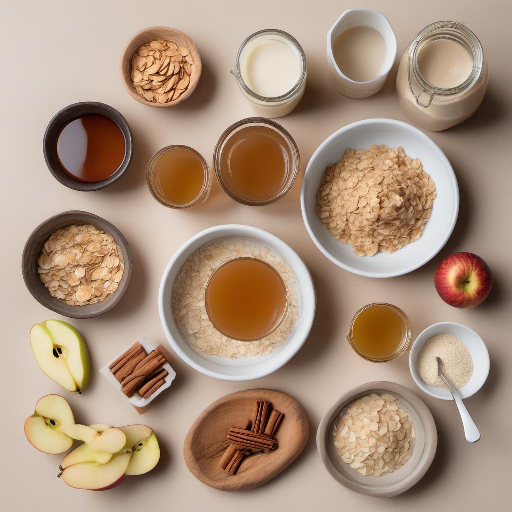 Items needed to answer the question, How do I craft an apple cinnamon overnight oats sensation. Items include:  rolled oats  almond milk  unsweetened applesauce  maple syrup  ground cinnamon  vanilla extract  small apple
