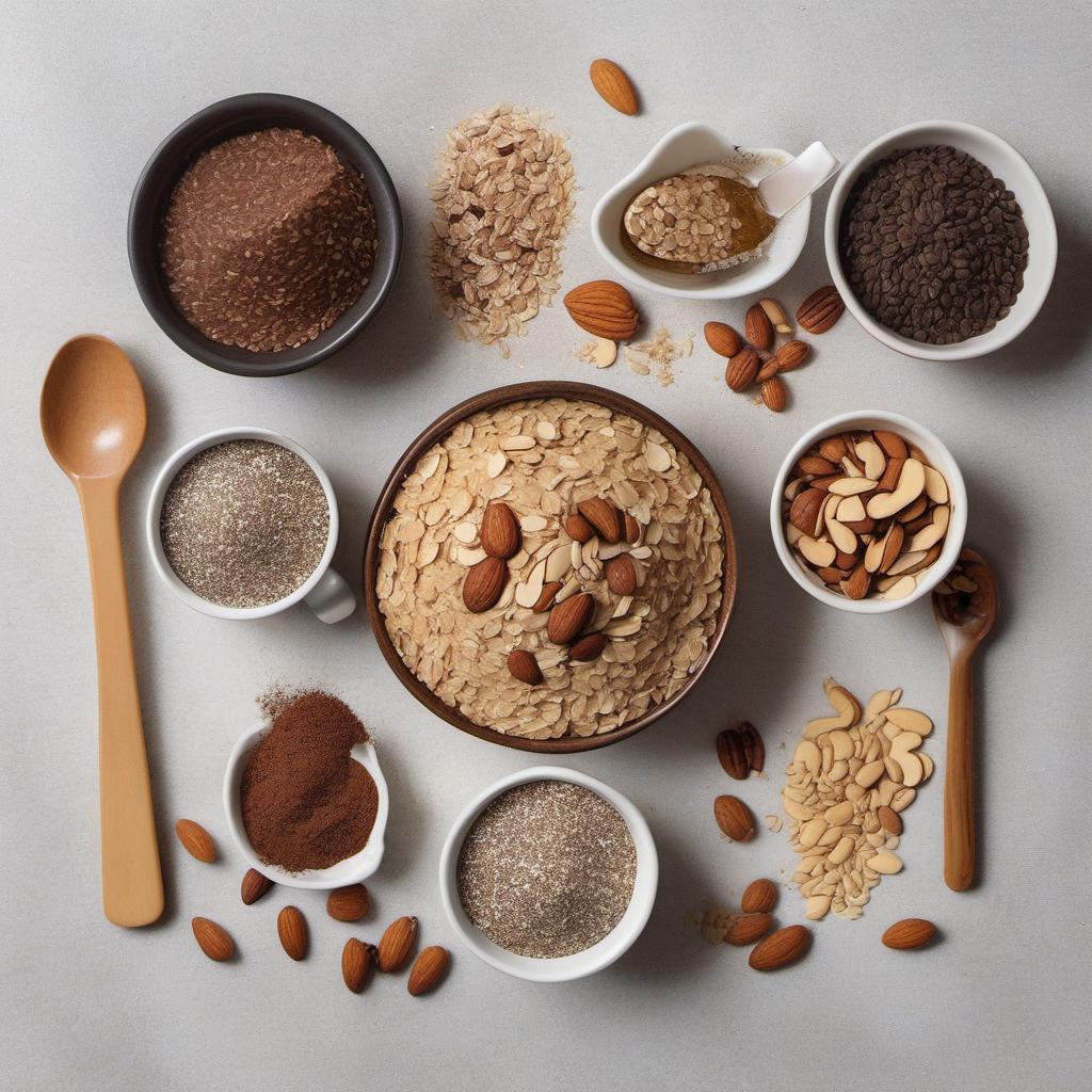 Items needed to answer the question, How do I create a chocolaty delight with mocha almond overnight oats. Items include:  Rolled oats  Cocoa powder  Chia seeds  Salt  Coffee (brewed)  Maple syrup or honey  Almonds