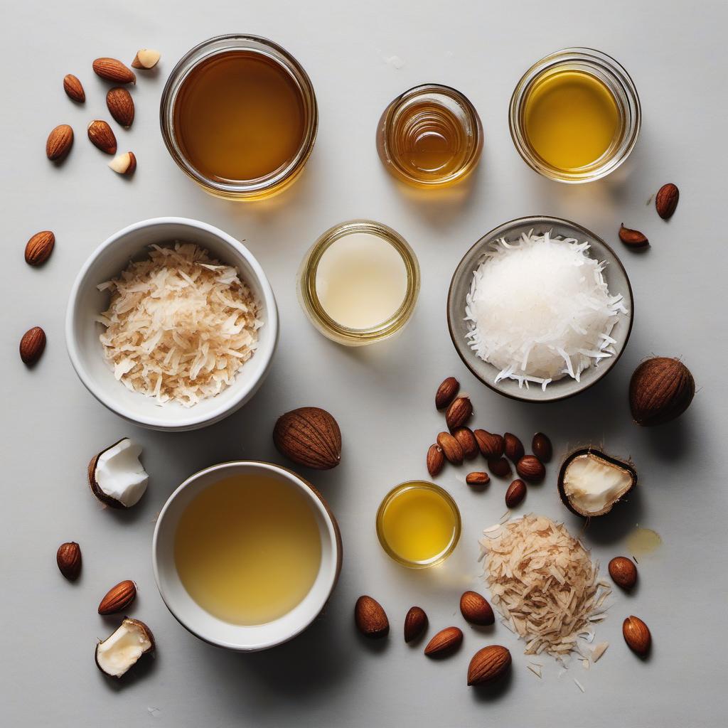 Items needed to answer the question, How do I make delicious grain-free granola clusters. Items include:  nuts  shredded coconut  honey or maple syrup  coconut oil  vanilla extract  salt