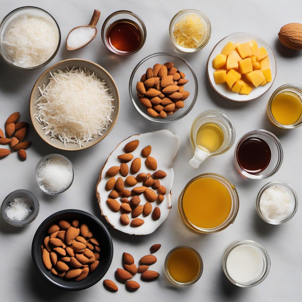 Items needed to answer the question, How do I whip up a tropical coconut mango grain-free granola. Items include:  almonds  cashews  shredded coconut  dried mango  maple syrup  coconut oil  vanilla extract  salt
