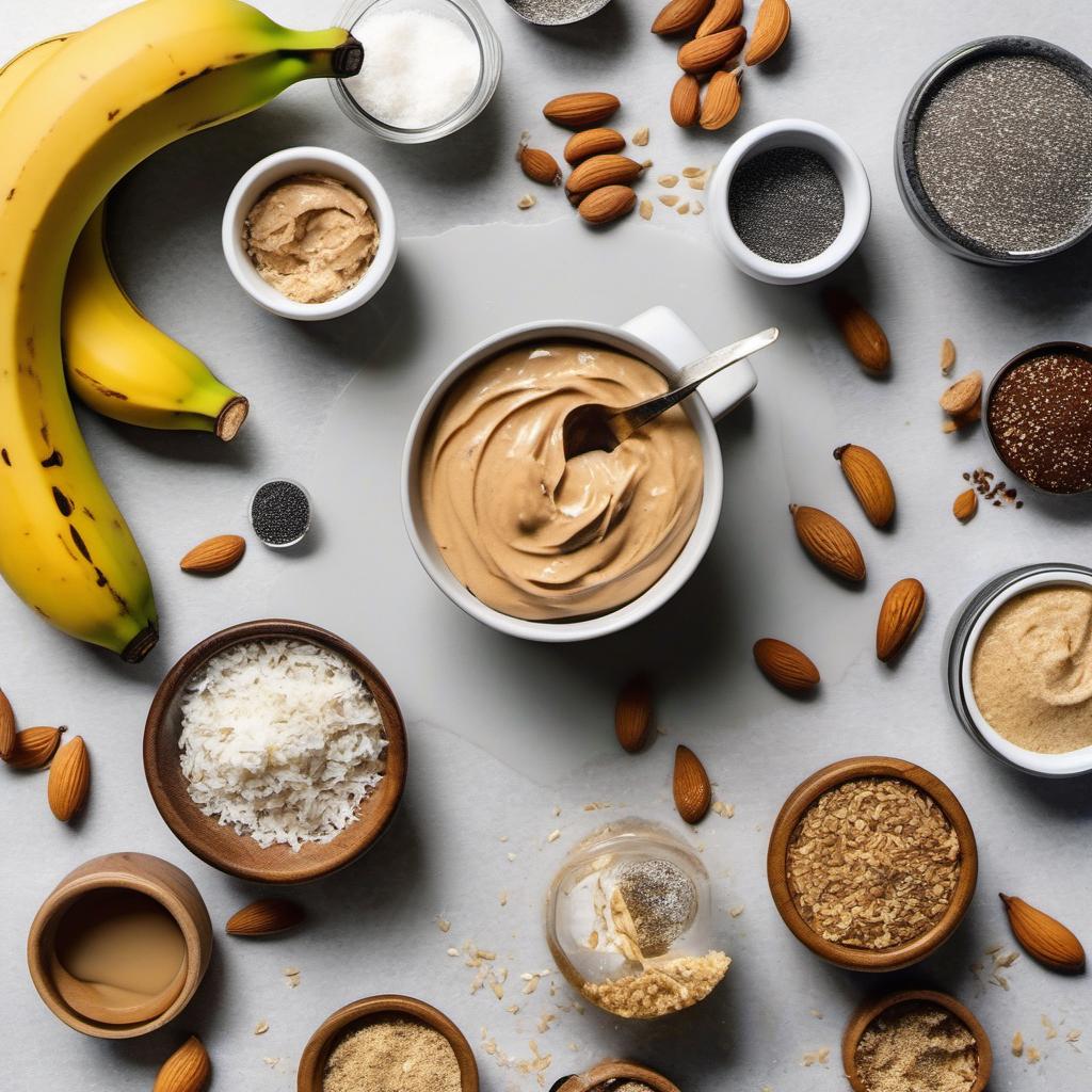 Items needed to answer the question, How do I create a crunchy peanut butter banana grain-free granola. Items include:  Creamy Peanut Butter  Honey  Vanilla Extract  Salt  Ripe Bananas  Almond Flour  Shredded Coconut  Chia Seeds
