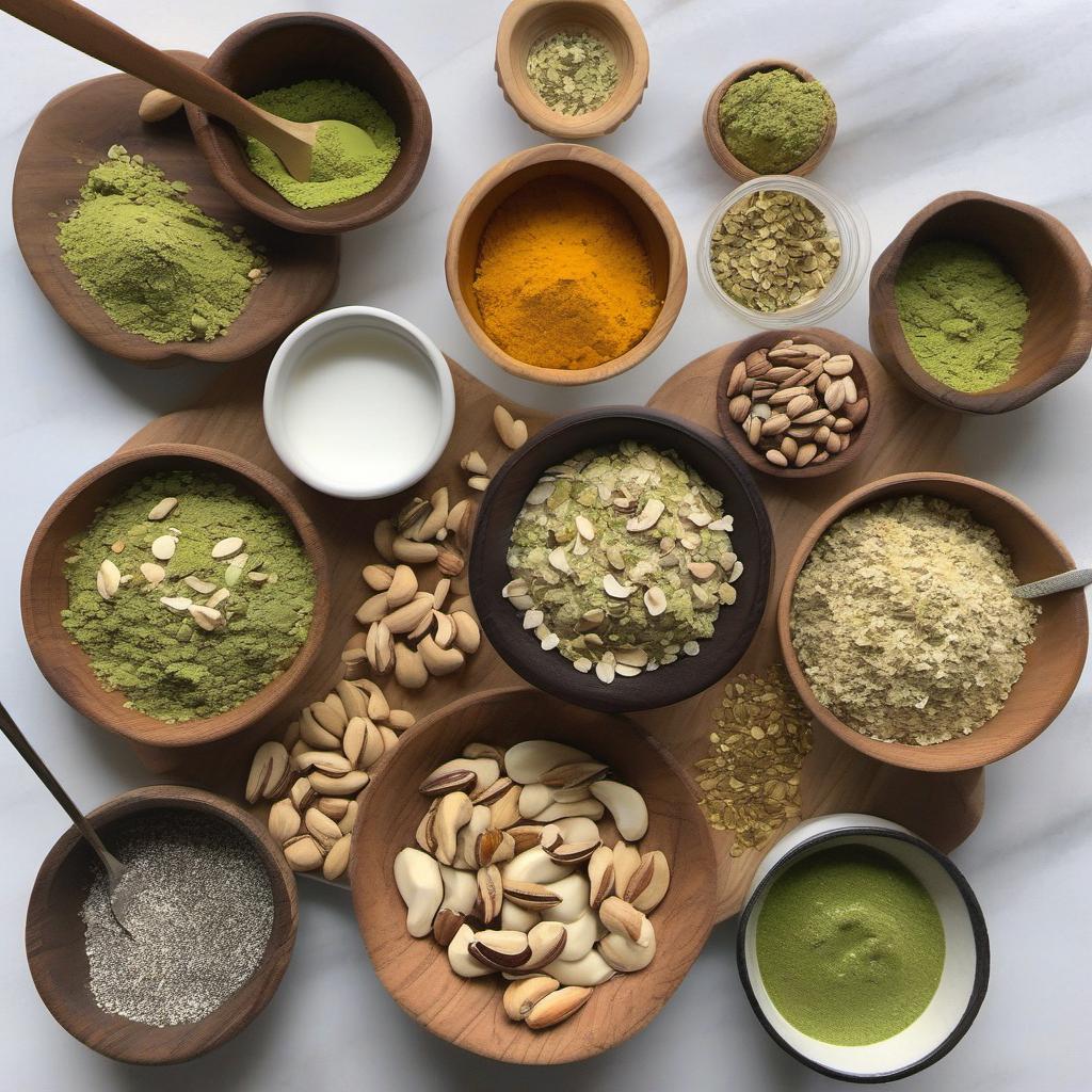 Items needed to answer the question, How do I create a unique matcha pistachio grain-free granola. Items include:  Unsweetened coconut flakes  Raw almonds  Raw cashews  Shelled pistachios  Pumpkin seeds  Chia seeds  Hemp hearts  Melted coconut oil  Pure maple syrup  Matcha powder  Vanilla extract  Pinch of sea salt