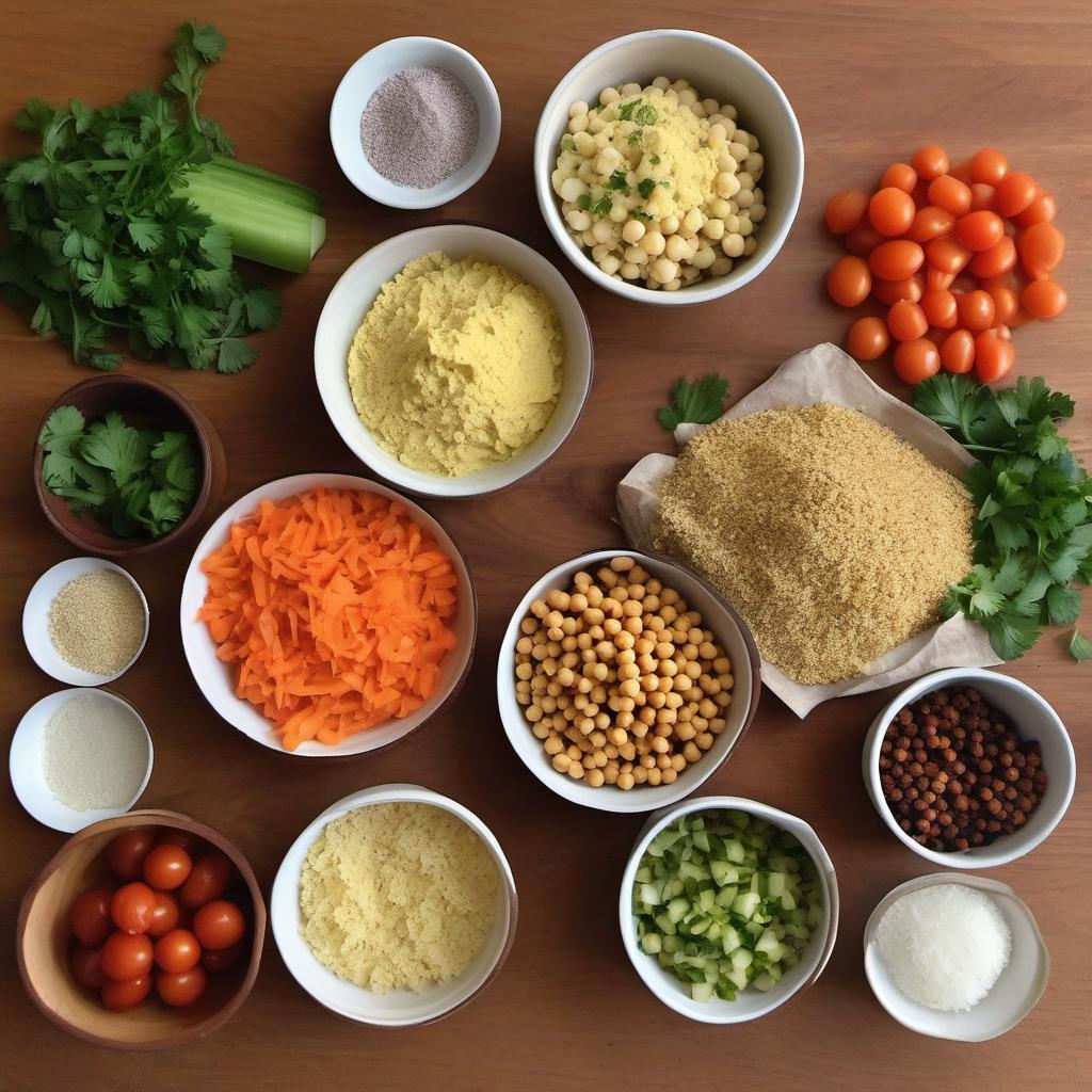 Items needed to answer the question, How do I create a vegan-friendly Falafel Bowl. Items include:  Cooked chickpeas  Onion  Garlic cloves  Fresh parsley  Chickpea flour  Ground cumin  Ground coriander  Salt  Cayenne pepper  Cooked quinoa or brown rice  Cucumber  Cherry tomatoes  Shredded carrots  Mixed greens  Fresh herbs (mint or cilantro)  Tahini  Lemon juice  Maple syrup