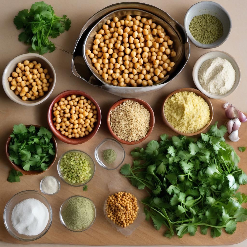Items needed to answer the question, How do I make a homemade Falafel Bowl. Items include:  cooked chickpeas  fresh parsley  fresh cilantro  garlic cloves  onion  all-purpose flour  ground cumin  ground coriander  baking powder  salt  vegetable oil  greens  tomatoes  cucumbers  red onions  tahini paste  lemon juice  water