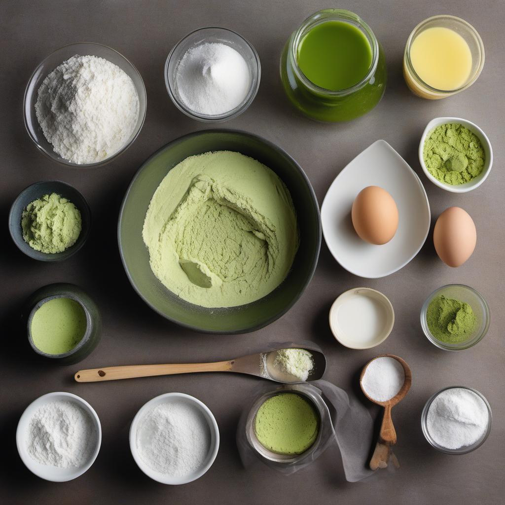 Items needed to answer the question, How do I make fluffy matcha pancakes. Items include:  all-purpose flour  matcha powder  granulated sugar  baking powder  baking soda  salt  buttermilk  large egg  melted butter