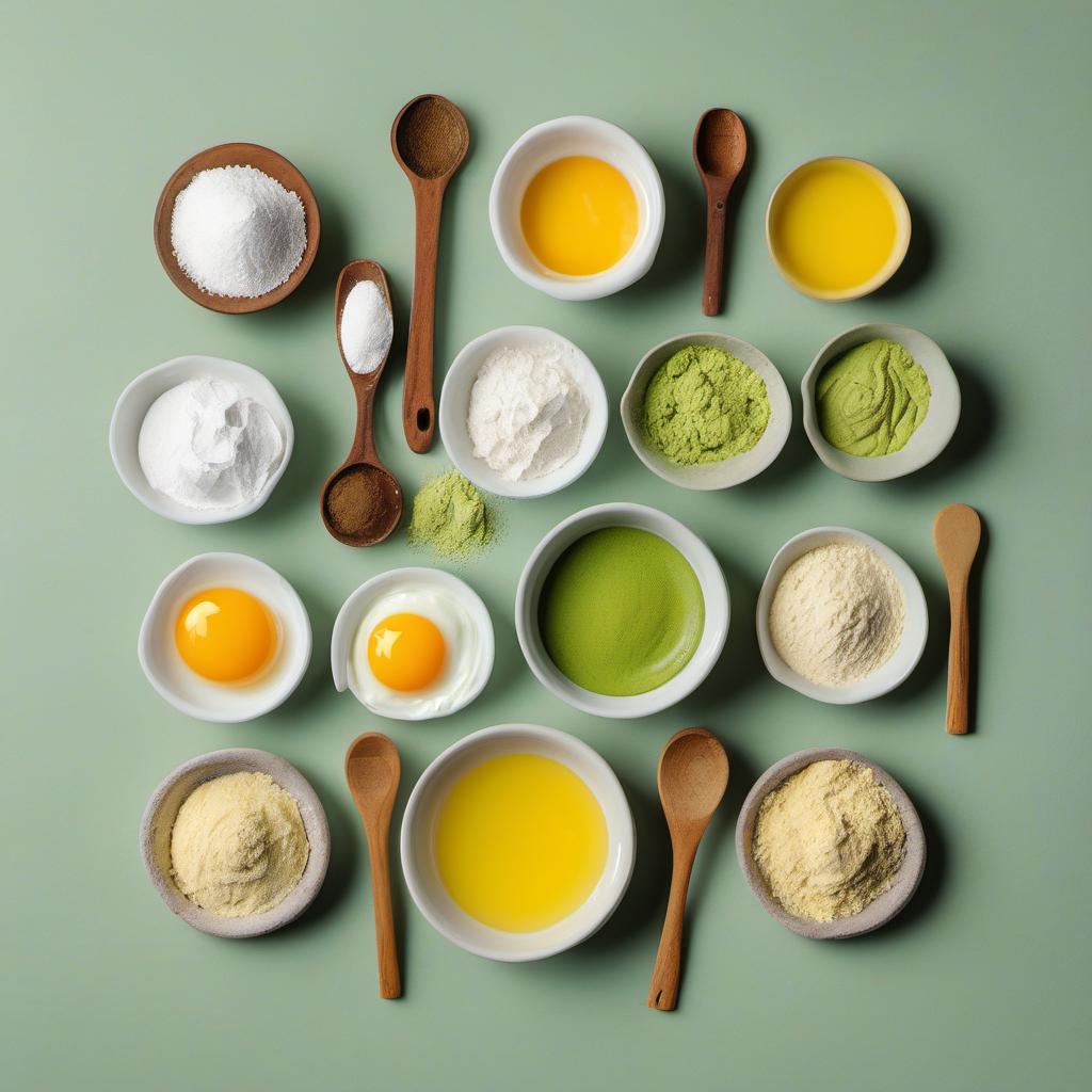 Items needed to answer the question, How do I infuse matcha into pancakes. Items include:  Flour  Sugar  Baking Powder  Salt  Milk  Eggs  Melted Butter  Vanilla Extract  Matcha Powder