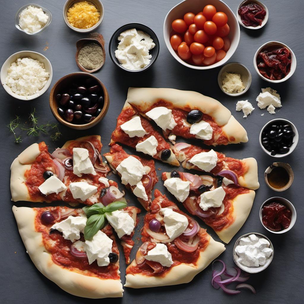 Items needed to answer the question, How do I create a Mediterranean-style pizza. Items include:  Pizza Dough  Tomato Sauce  Black Olives  Sun-dried Tomatoes  Feta Cheese  Red Onions  Artichoke Hearts  Fresh Basil