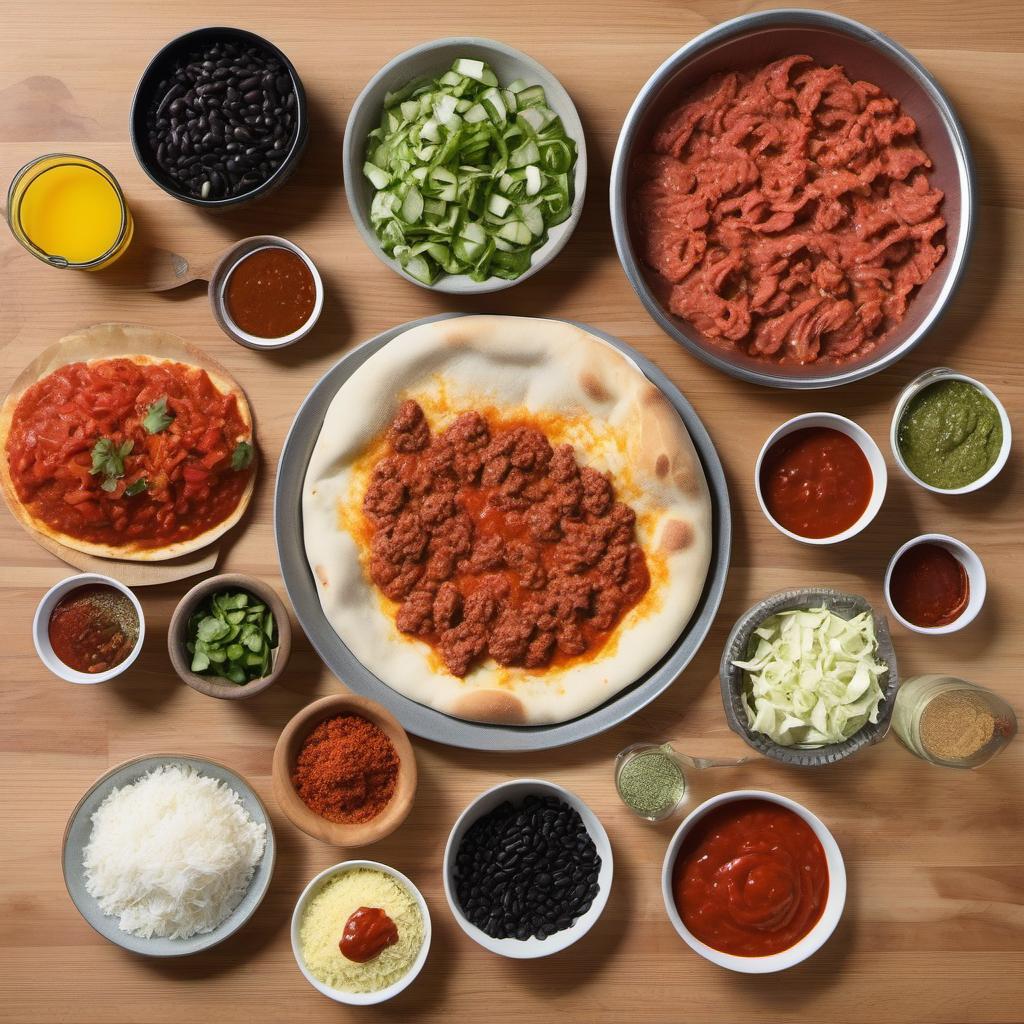 Items needed to answer the question, How do I bake a taco-inspired pizza. Items include:  Pizza dough  Tomato sauce  Taco seasoning  Hot sauce  Ground beef or chicken  Black beans  Diced tomatoes  Sliced jalapeños  Shredded cheese  Chopped cilantro  Diced avocado  Lime juice