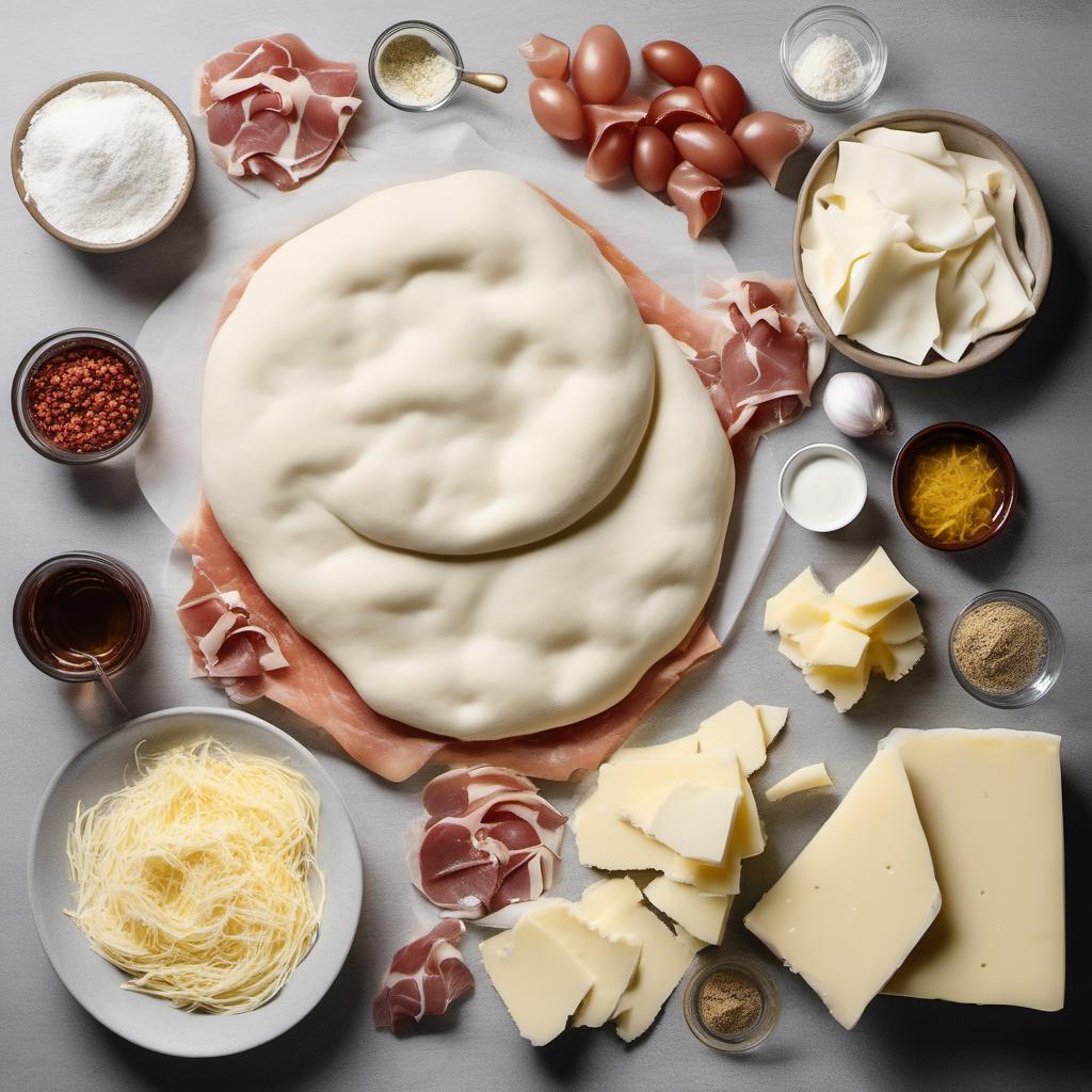 Items needed to answer the question, How do I bake a White Pizza with Prosciutto. Items include:  pizza dough  butter  garlic cloves  all-purpose flour  milk  shredded mozzarella cheese  prosciutto
